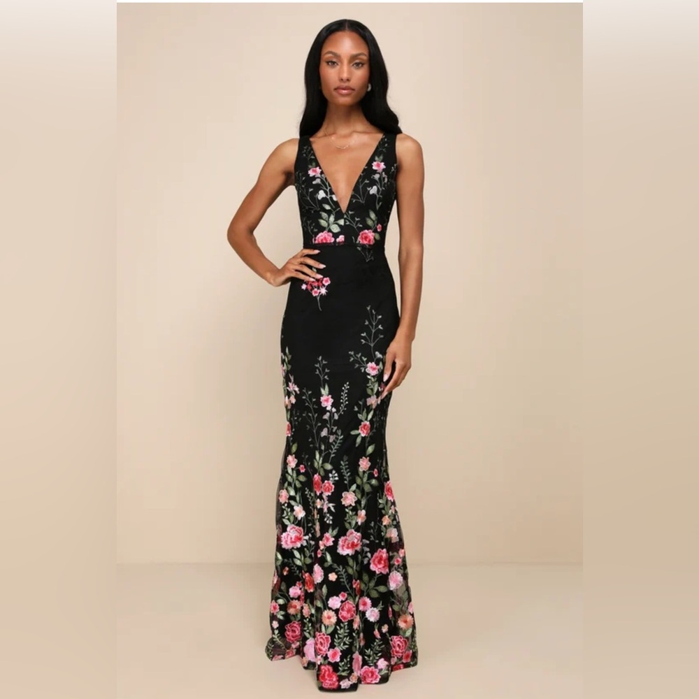 Lulu's Black Maxi Dress with Floral Embroidery